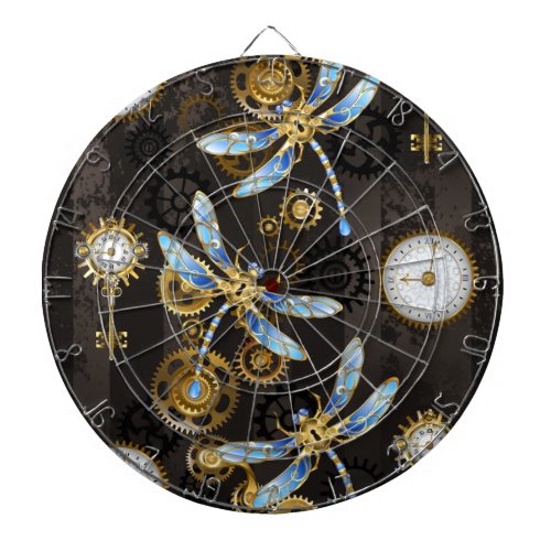 Steampunk Dragonflies on brown striped background Dart Board