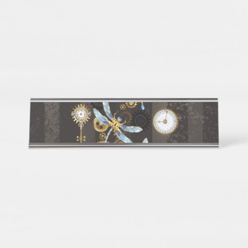 Steampunk Dragonflies on brown striped background Desk Name Plate