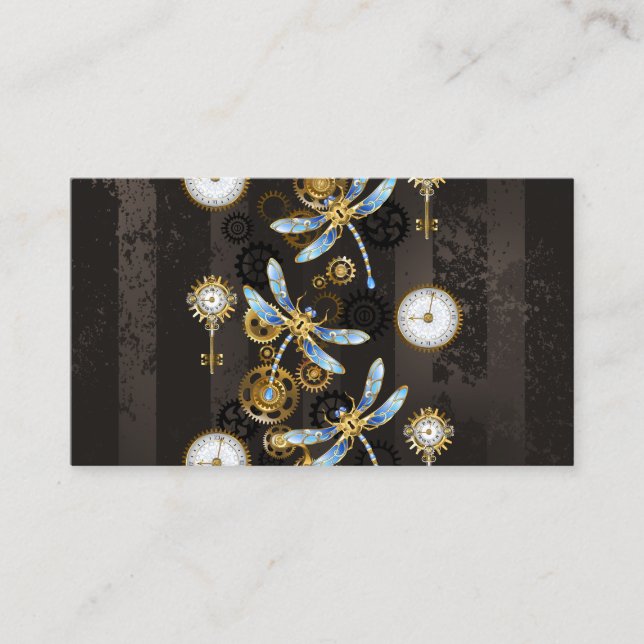 Steampunk Dragonflies on brown striped background Discount Card (Front)