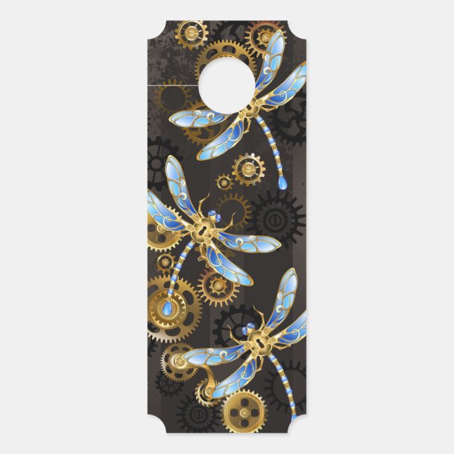 Steampunk Dragonflies on brown striped background Door Hanger (Front)