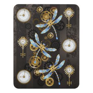 Steampunk Dragonflies on brown striped background Door Sign