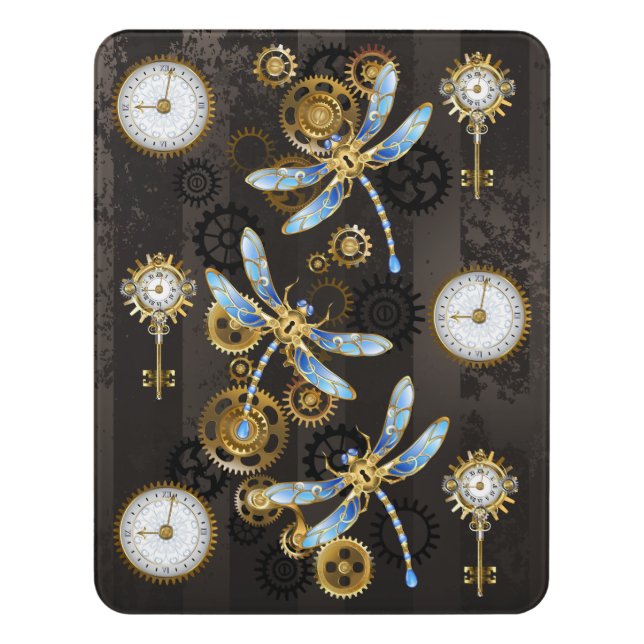 Steampunk Dragonflies on brown striped background Door Sign (Contemporary Vert)