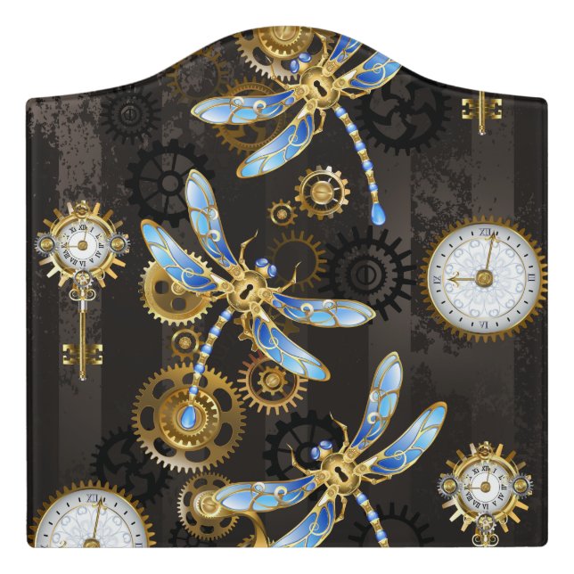 Steampunk Dragonflies on brown striped background Door Sign (Large Crest Front)