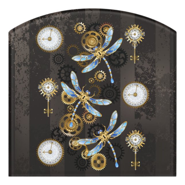 Steampunk Dragonflies on brown striped background Door Sign (Contour Front)