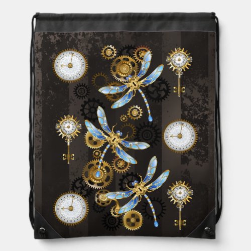 Steampunk Dragonflies on brown striped background Drawstring Bag