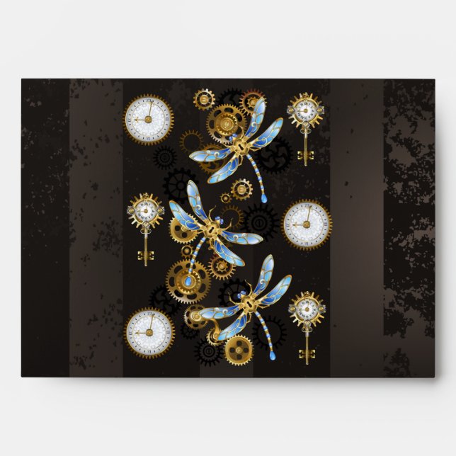 Steampunk Dragonflies on brown striped background Envelope (Front)