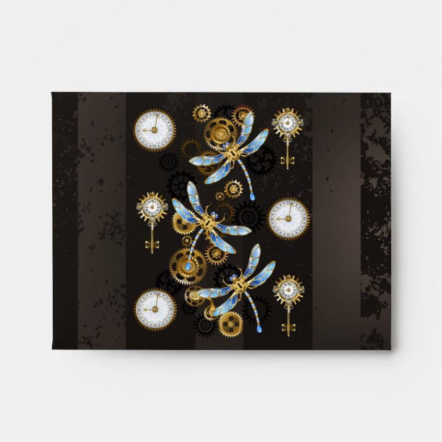 Steampunk Dragonflies on brown striped background Envelope (Front)