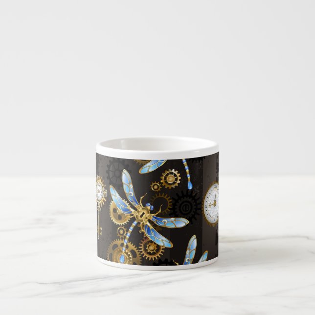 Steampunk Dragonflies on brown striped background Espresso Cup (Front)