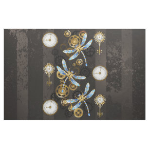 Steampunk Dragonflies on brown striped background Fabric