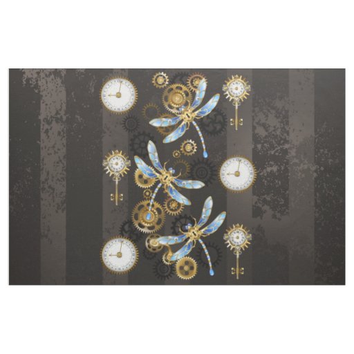 Steampunk Dragonflies on brown striped background Fabric