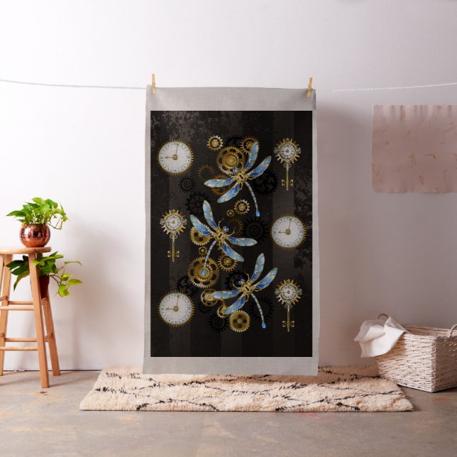 Steampunk Dragonflies on brown striped background Fabric (In Situ)