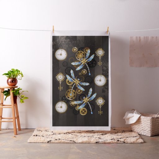 Steampunk Dragonflies on brown striped background Fabric