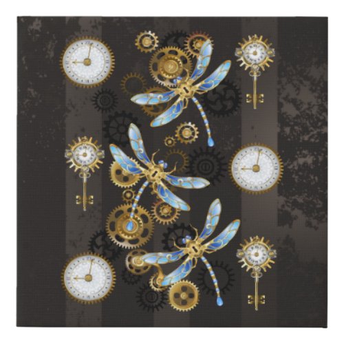 Steampunk Dragonflies on brown striped background Faux Canvas Print