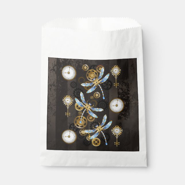 Steampunk Dragonflies on brown striped background Favor Bag (Front)