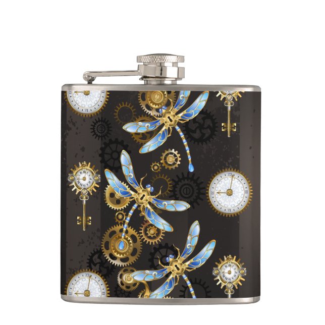 Steampunk Dragonflies on brown striped background Flask (Front)
