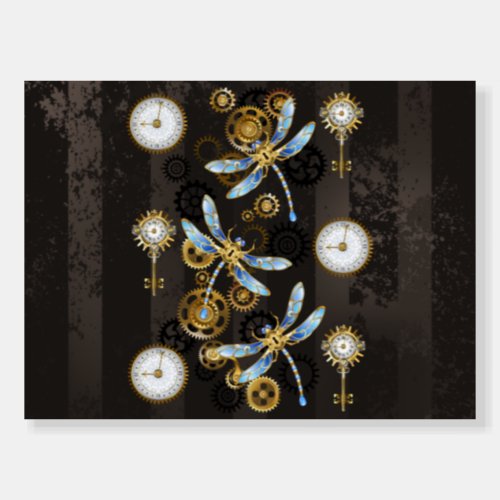 Steampunk Dragonflies on brown striped background Foam Board