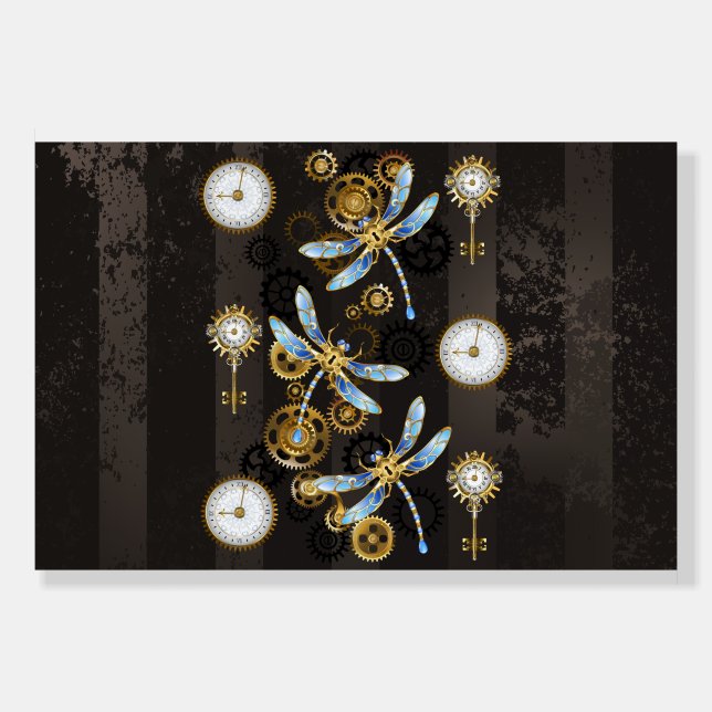 Steampunk Dragonflies on brown striped background Foam Board (Front)