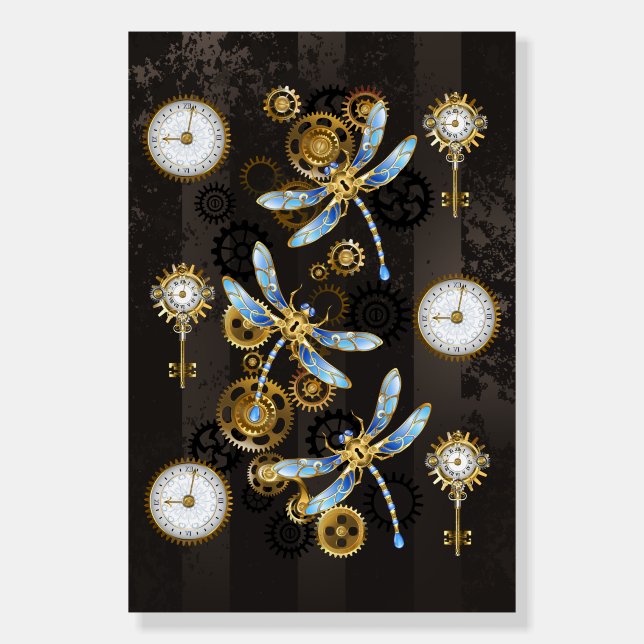 Steampunk Dragonflies on brown striped background Foam Board (Front)