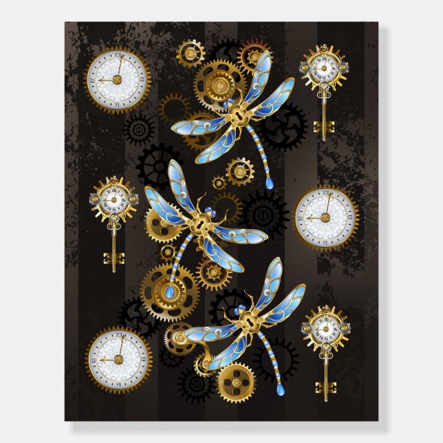 Steampunk Dragonflies on brown striped background Foam Board (Front)