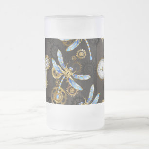 Steampunk Dragonflies on brown striped background Frosted Glass Beer Mug