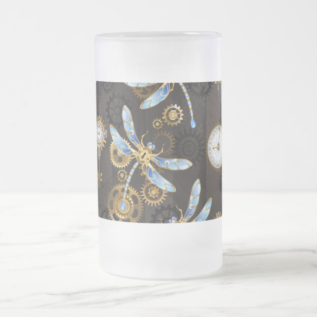 Steampunk Dragonflies on brown striped background Frosted Glass Beer Mug (Center)