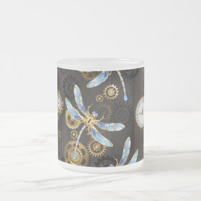 Steampunk Dragonflies on brown striped background Frosted Glass Coffee Mug (Center)