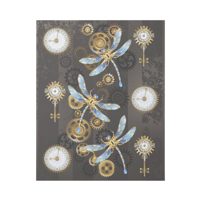 Steampunk Dragonflies on brown striped background Gallery Wrap (Front)