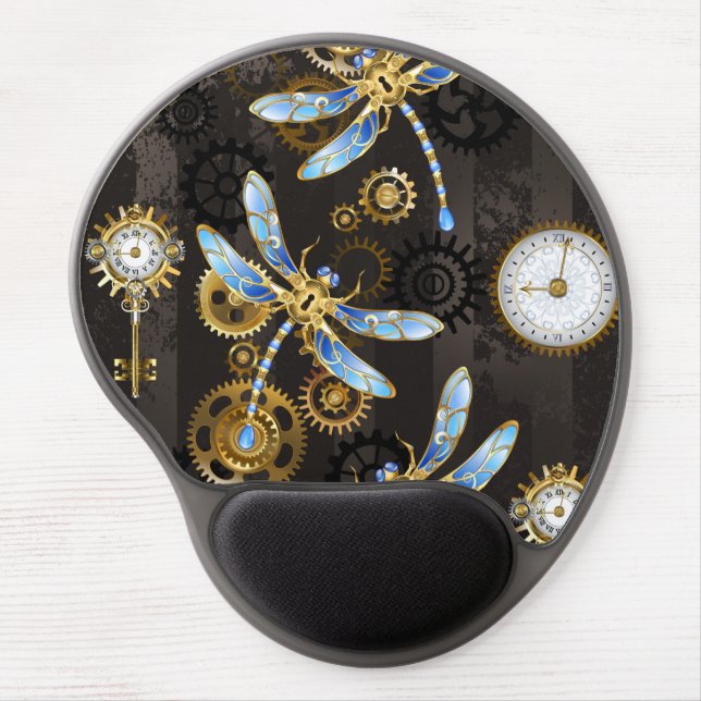 Steampunk Dragonflies on brown striped background Gel Mouse Pad (Front)