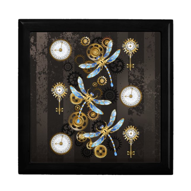 Steampunk Dragonflies on brown striped background Gift Box (Front)