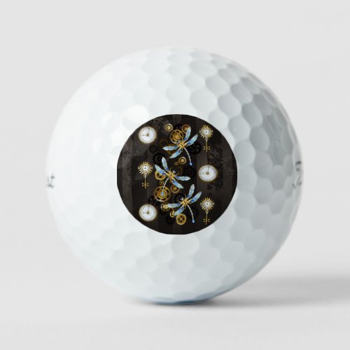 Steampunk Dragonflies on brown striped background Golf Balls