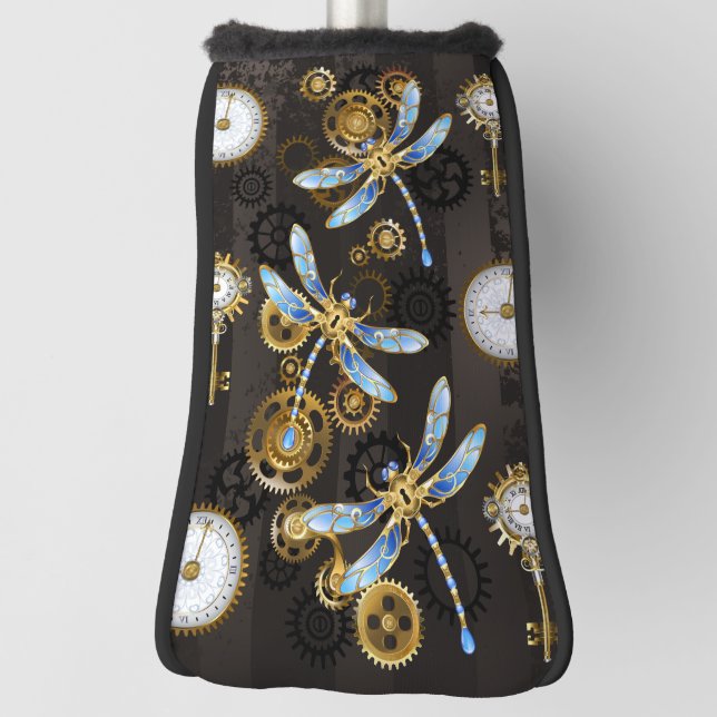 Steampunk Dragonflies on brown striped background Golf Head Cover (Rotate 90)