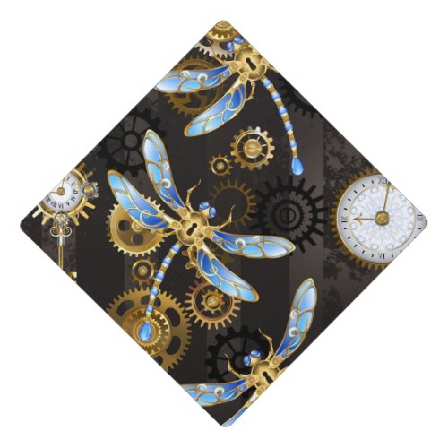 Steampunk Dragonflies on brown striped background Graduation Cap Topper