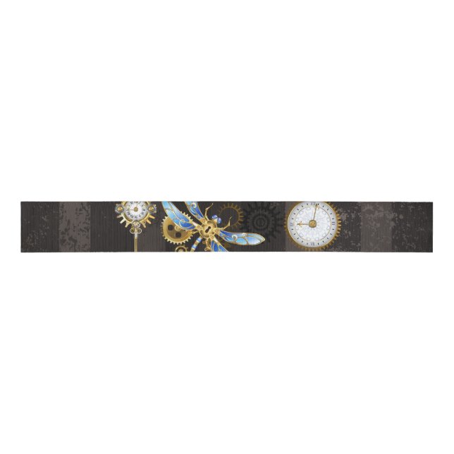 Steampunk Dragonflies on brown striped background Grosgrain Ribbon (Front)