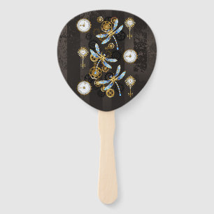 Steampunk Dragonflies on brown striped background Hand Fan