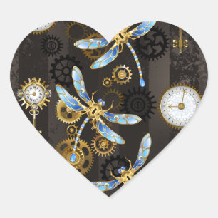 Steampunk Dragonflies on brown striped background Heart Sticker