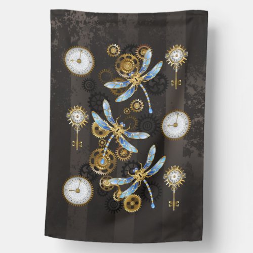 Steampunk Dragonflies on brown striped background House Flag