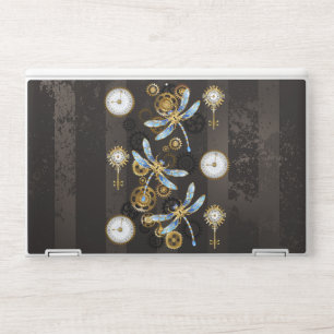 Steampunk Dragonflies on brown striped background HP Laptop Skin