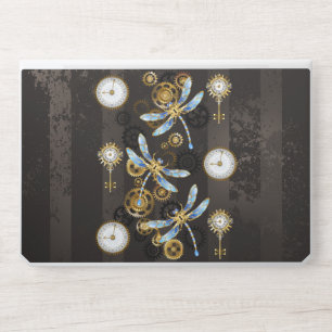 Steampunk Dragonflies on brown striped background HP Laptop Skin