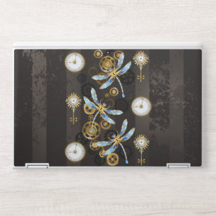 Steampunk Dragonflies on brown striped background HP Laptop Skin