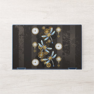 Steampunk Dragonflies on brown striped background HP Laptop Skin