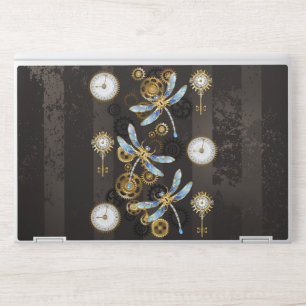 Steampunk Dragonflies on brown striped background HP Laptop Skin