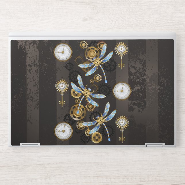 Steampunk Dragonflies on brown striped background HP Laptop Skin (Front)