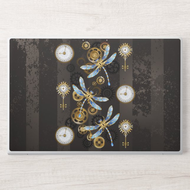 Steampunk Dragonflies on brown striped background HP Laptop Skin (Front)