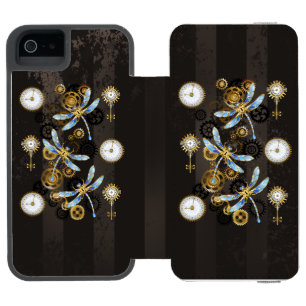 Steampunk Dragonflies on brown striped background iPhone SE/5/5s Wallet Case