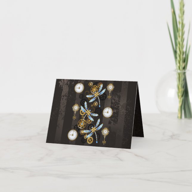 Steampunk Dragonflies on brown striped background Invitation (Front)
