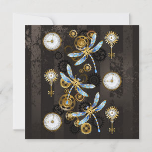 Steampunk Dragonflies on brown striped background Invitation