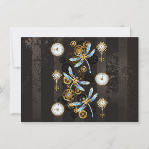 Steampunk Dragonflies on brown striped background Invitation