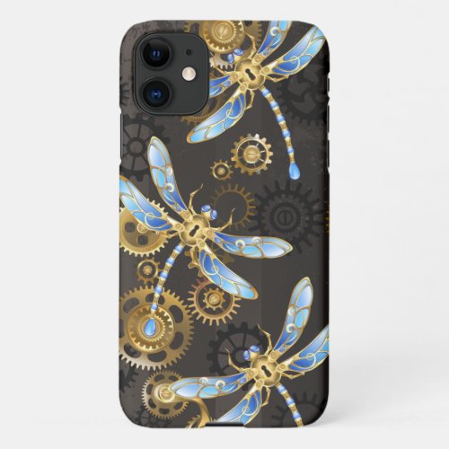 Steampunk Dragonflies on brown striped background iPhone 11 Case