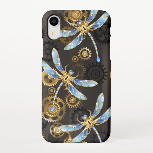 Steampunk Dragonflies on brown striped background iPhone XR Case