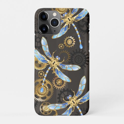 Steampunk Dragonflies on brown striped background iPhone 11Pro Case
